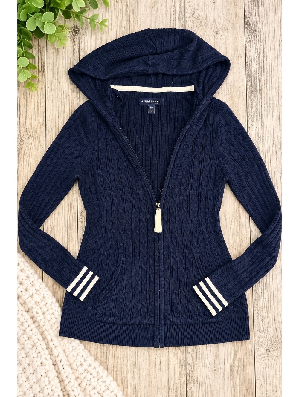 Aeropostale Women’s Large Navy Cable Knit Full Zip Hooded Sweater Y2K